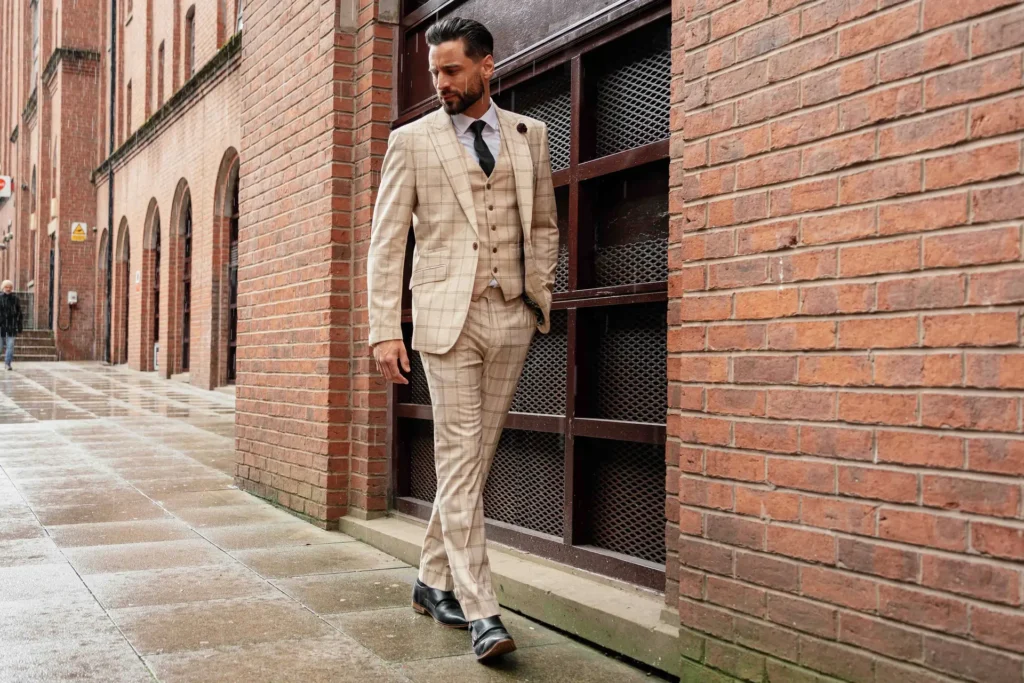 Patterned suit model walking